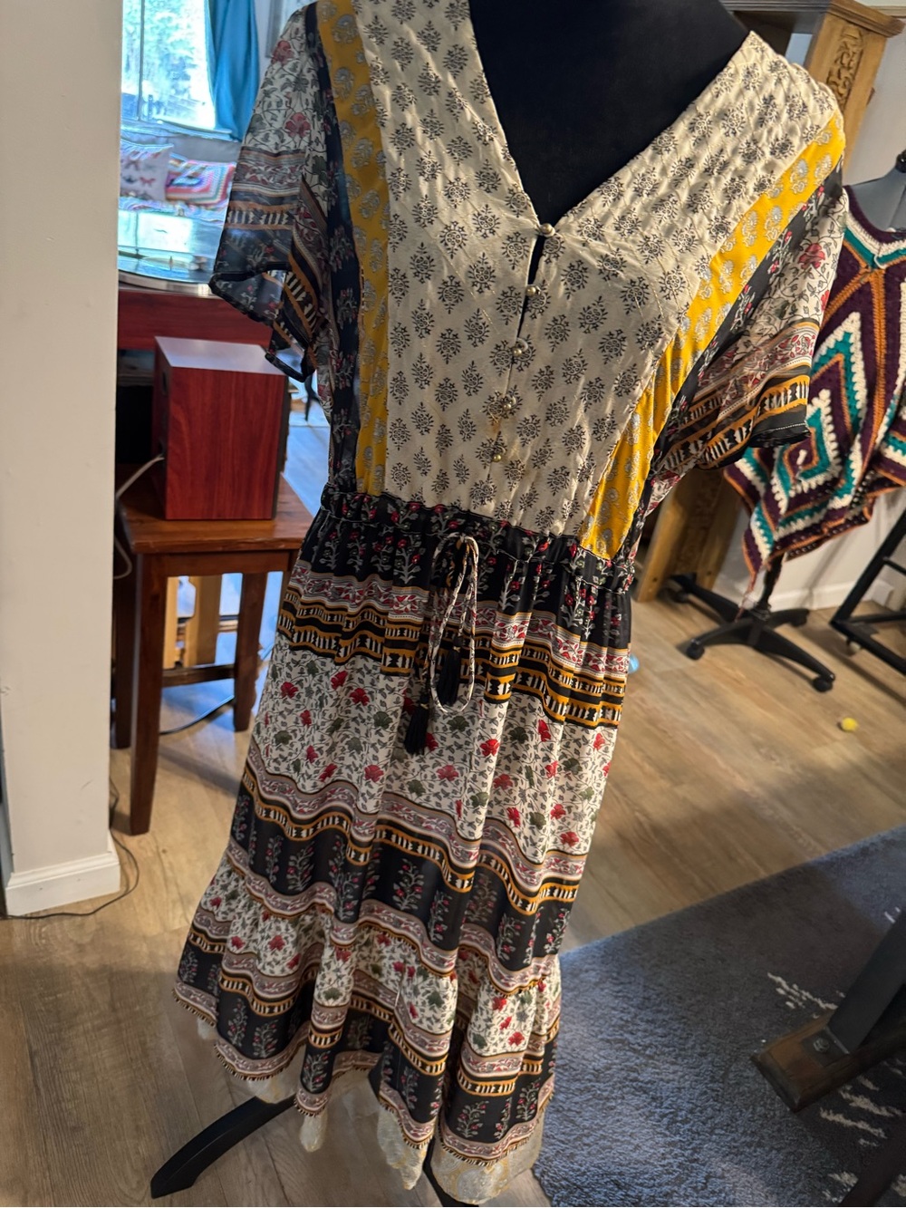 Anthropologie Boho Maxi Dress in Black, Cream & Mustard - Picture 3 of 8